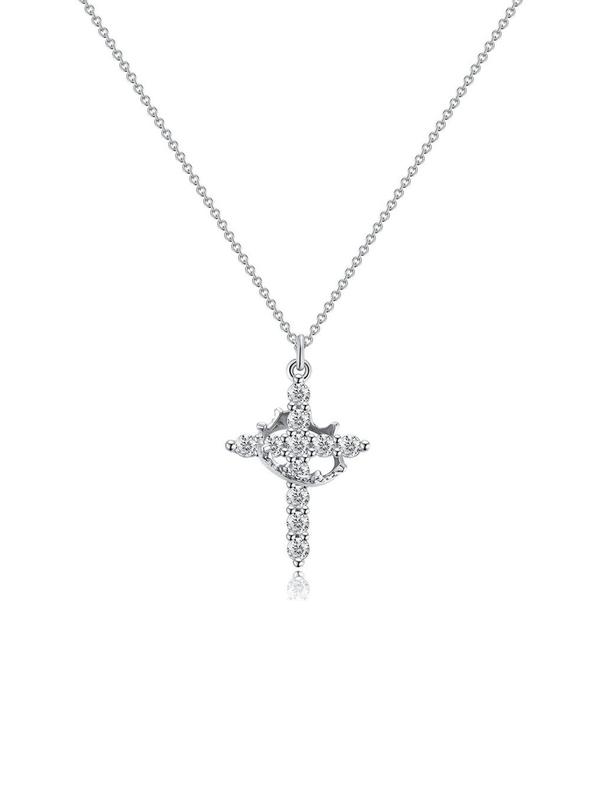 Rhinestone Crown & Cross Pendant Necklace for Women & Men, Fashion Jewelry for Party, Daily Clothing Decor, Trendy All-match & Exquisite Jewelry for Birthday Gift, Fall Outfits, Fall Freshness