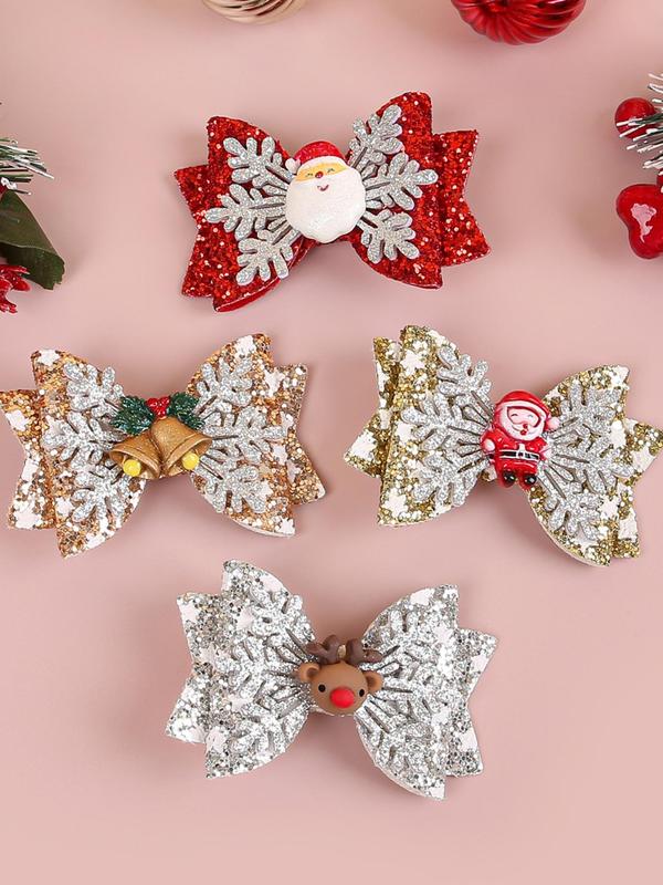 Cute Cartoon Reindeer & Snowflake Design Hair Clips, Colorblock Contrast Sequin Bowknot Decor Hair Clips, Fashionable Hair Accessories for Women & Girls