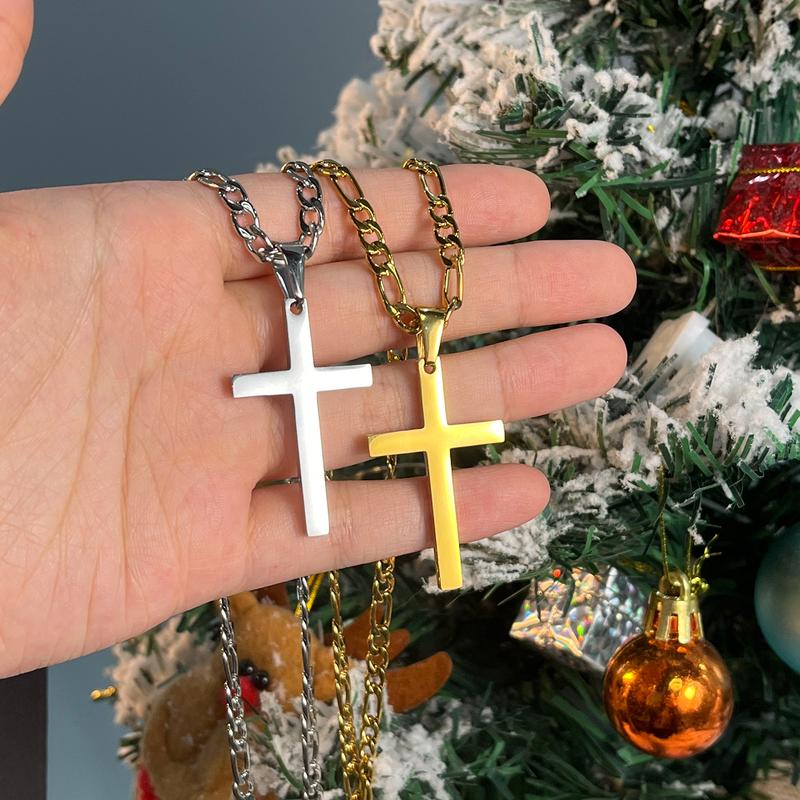 Cross Necklace for Men Stainless Steel Silver Gold Plain Cross Pendant Necklace Simple Jewelry Gifts, 24 Inches 3:1 Figaro Link Chain 6mm Width