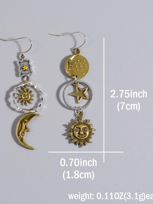 Vintage Asymmetrical Sun & Moon Design Dangle Earrings, Boho Style Jewelry for Women,  2024 New Styleall-match Ear Jewelry for Party, Daily Clothing Decor