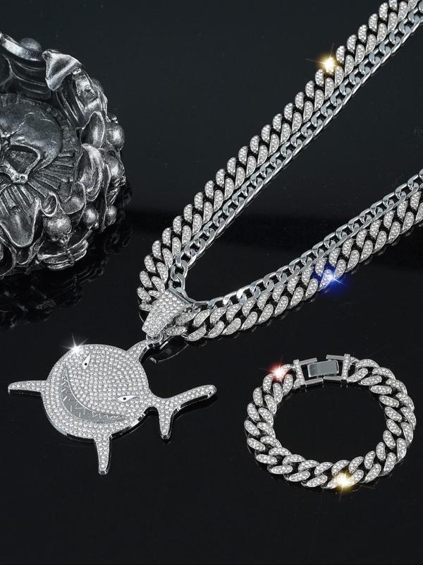 Punk Style Rhinestone Shark Design Pendant Necklace & Bracelet & Cuban Chain Necklace, Exquisite Trendy Jewelry Set for Party, Fashion Accessories for Men & Women