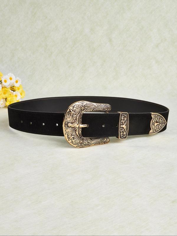 Women's Vintage Western Cowboy Style Velvet Buckle Belt, Fashionable Carved Buckle Design Belt for Jeans & Dress, Casual Waistband for Daily Use