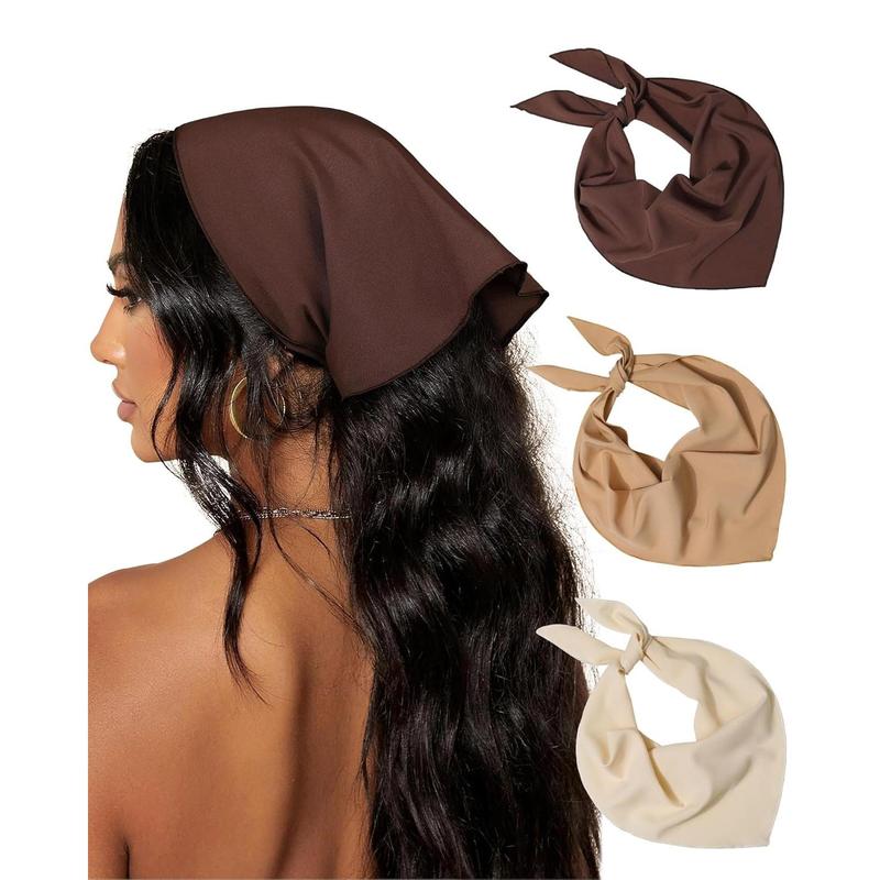 3PCs hair bandanas head kerchief for women tie-back boho hair scarf headband bandana triangle head scarf (solid color-beige khaki brown)