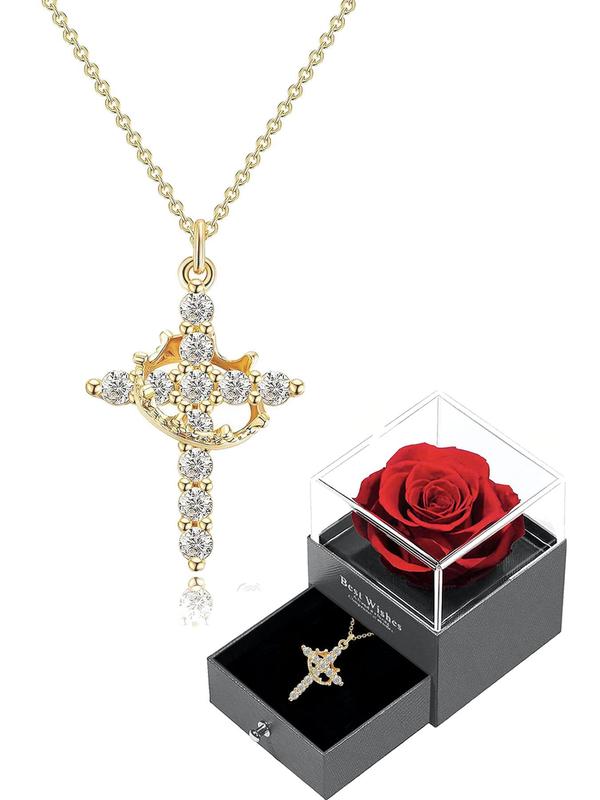 Rhinestone Crown & Cross Pendant Necklace for Women & Men, Fashion Jewelry for Party, Daily Clothing Decor, Trendy All-match & Exquisite Jewelry for Birthday Gift, Fall Outfits, Fall Freshness