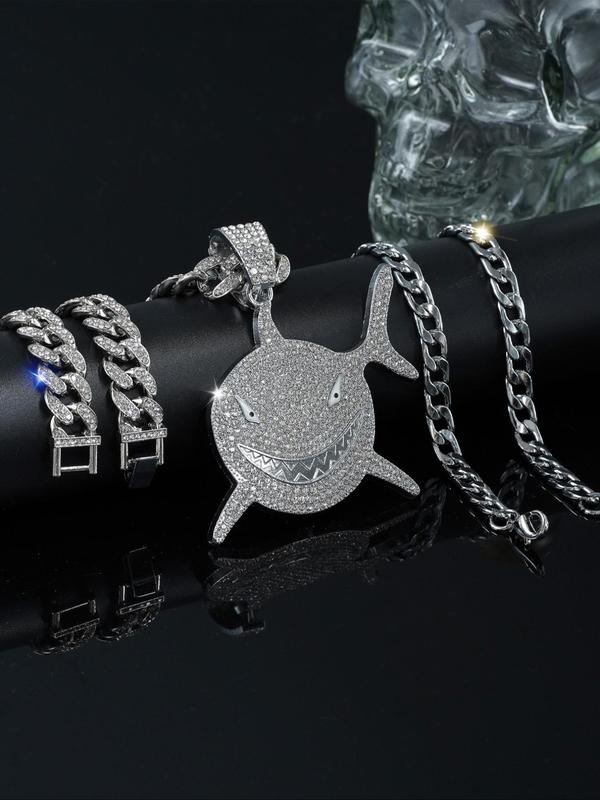 Punk Style Rhinestone Shark Design Pendant Necklace & Bracelet & Cuban Chain Necklace, Exquisite Trendy Jewelry Set for Party, Fashion Accessories for Men & Women