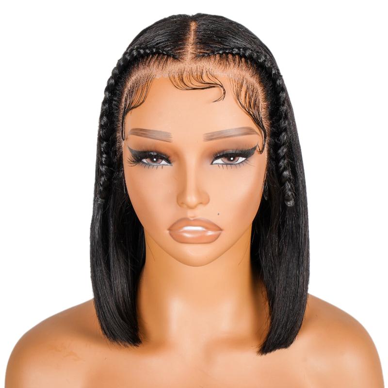 SuperNova 13x4 Braided Lace Front Wig, 100% Human Hair, Pre-Plucked, Glueless, Straight Bob with Baby Hair & Adjustable Straps, 10-12 Inch