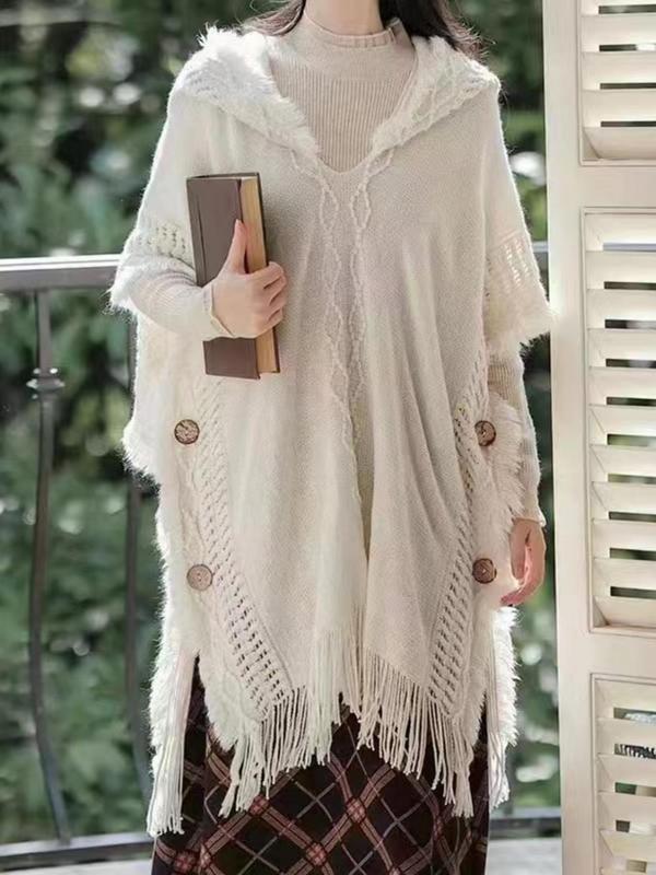 Women's Solid Button & Tassel Trim Cape Shawl, Casual Fashion Knitted Sweater Shawl for Fall & Winter, Women's Clothes Accessories for Daily Wear