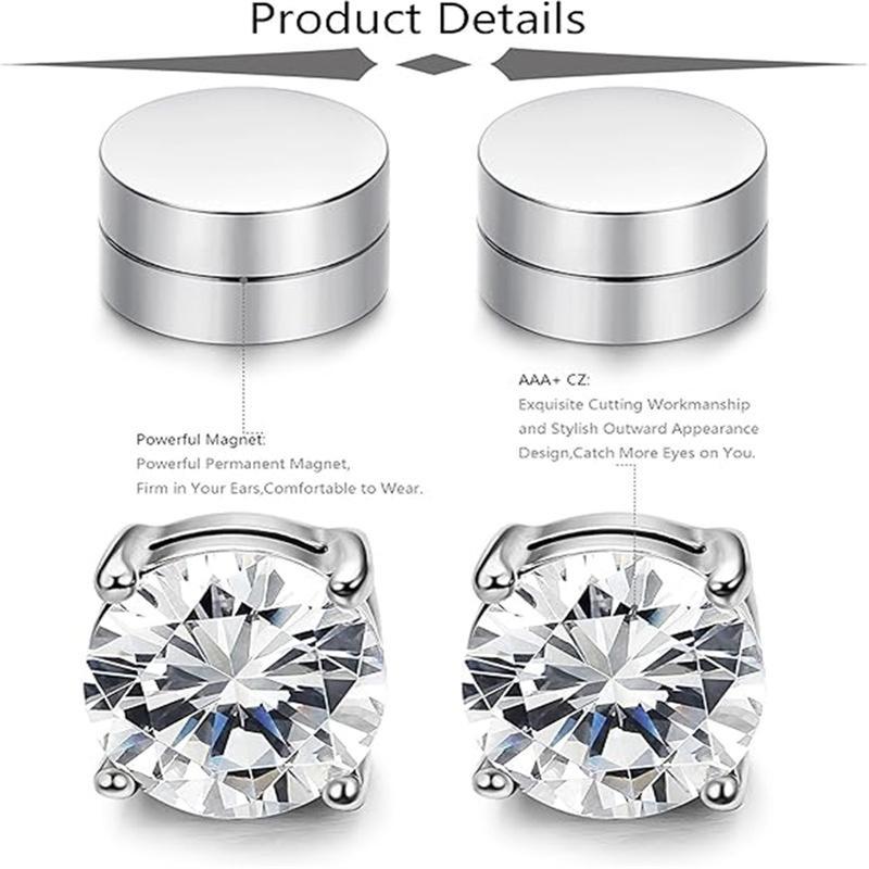 Stainless Steel Magnetic Stud Earrings for Men Women Non-piercing CZ Hypoallergenic 8MM