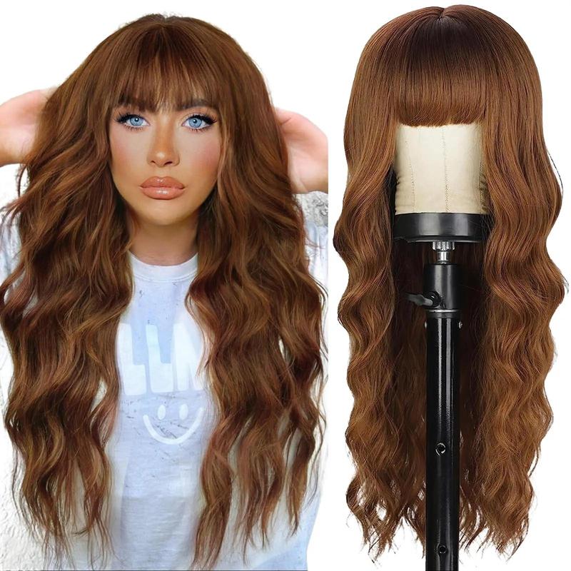 AISI HAIR Auburn Wig with Bangs Long Wavy Ginger Wig Natural Looking Heat Resistant Synthetic Curly Full Wigs for Women Daily Use