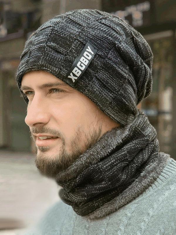 Men's Solid Color Beanie Hat & Scarf Set, 2024 New Style Casual Windproof Warm Hat & Neck Warmer for Fall & Winter, Fashion Accessories for Men,  Men's Hats