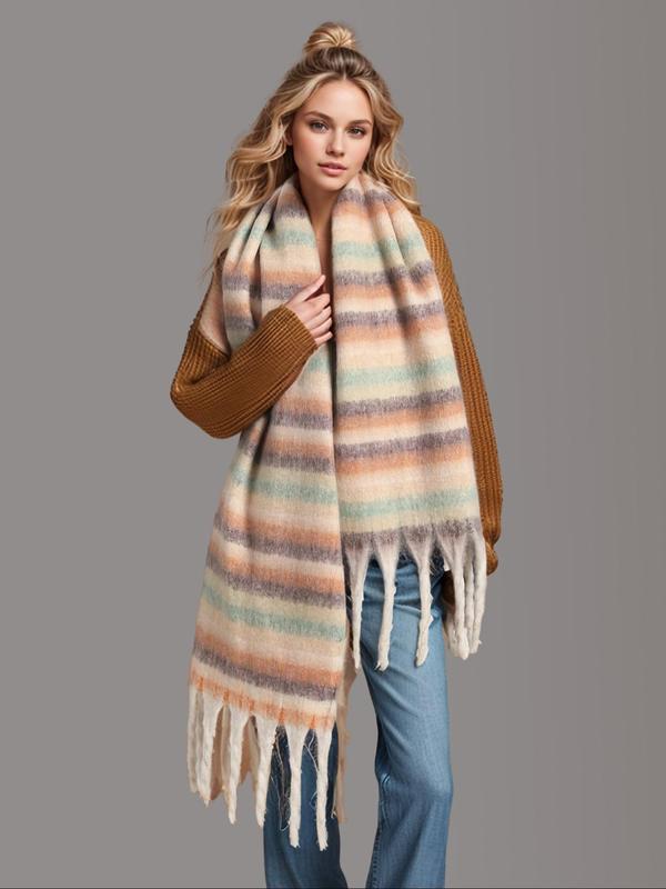 Women's Striped Pattern Fringe Trim Scarf, Casual Soft Warm Long Scarf for Fall & Winter, Fashion Accessories for Women & Girls