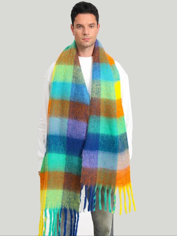 Colorful Plaid Pattern Tassel Decor Scarf, Casual Soft Warm Long Shawl for Fall & Winter, Fashion Accessories for Women & Men