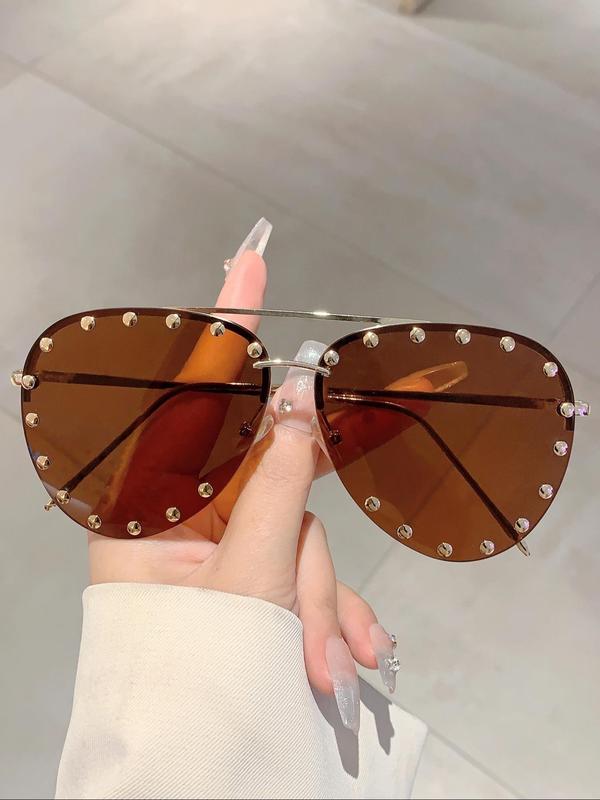 Unisex Street Trend Studded Decor Sunglasses, Trendy Oval Frame Sunglasses for Everyday Use, Fashion Accessories for Outdoor Activities