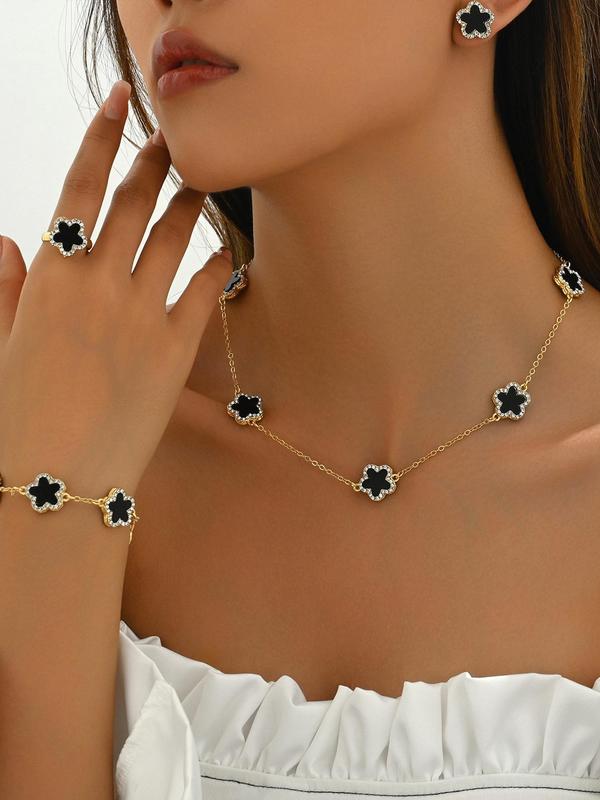 Women's Elegant Rhinestone Decorated Star Design Jewelry Set, Trendy Exquisite Flower Design Pendant Necklace & Stud Earrings & Ring & Bracelet, Chic Jewelry Set As Gift for Girlfriend