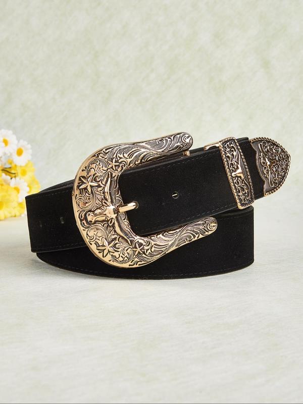 Women's Vintage Western Cowboy Style Velvet Buckle Belt, Fashionable Carved Buckle Design Belt for Jeans & Dress, Casual Waistband for Daily Use