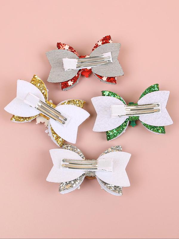 Cute Cartoon Reindeer & Snowflake Design Hair Clips, Colorblock Contrast Sequin Bowknot Decor Hair Clips, Fashionable Hair Accessories for Women & Girls