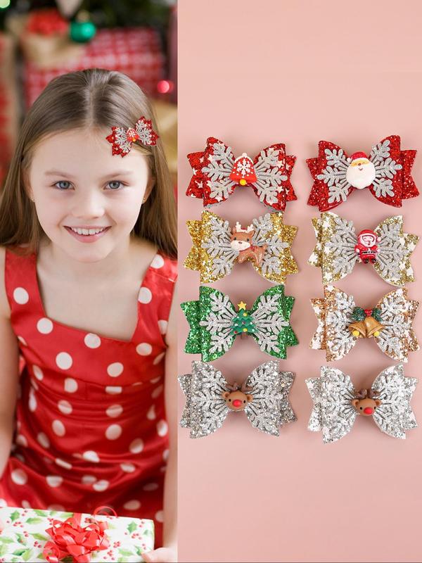 Cute Cartoon Reindeer & Snowflake Design Hair Clips, Colorblock Contrast Sequin Bowknot Decor Hair Clips, Fashionable Hair Accessories for Women & Girls