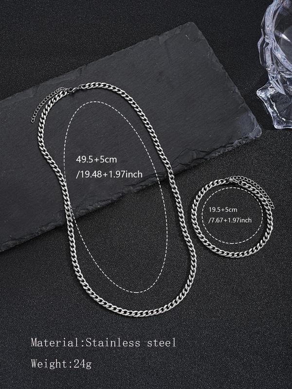 Men's Simple Plain Stainless Steel Chain Necklace & Bracelet, Fashion Jewelry Trendy All-match & Exquisite Jewelry for Birthday Gift