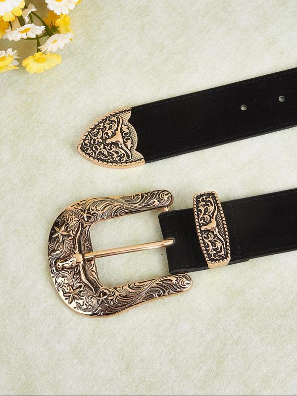 Women's Vintage Western Cowboy Style Velvet Buckle Belt, Fashionable Carved Buckle Design Belt for Jeans & Dress, Casual Waistband for Daily Use