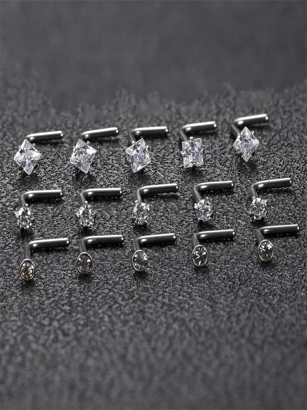 15pcs Minimalist Rhinestone Decor Nose Ring, L Shaped Screw Studs Rings, Stainless Steel Body Jewelry for Men & Women