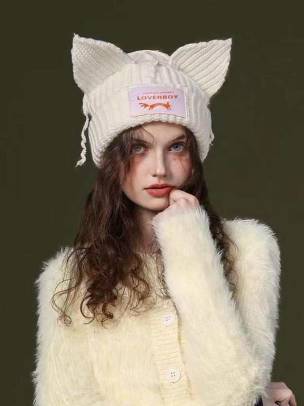 Cute Cat Ear Design Beanie Hat, Y2K Handmade Cute Knit Hat, Fashionable Warm Hat for Women & Men, Suitable for All Seasons