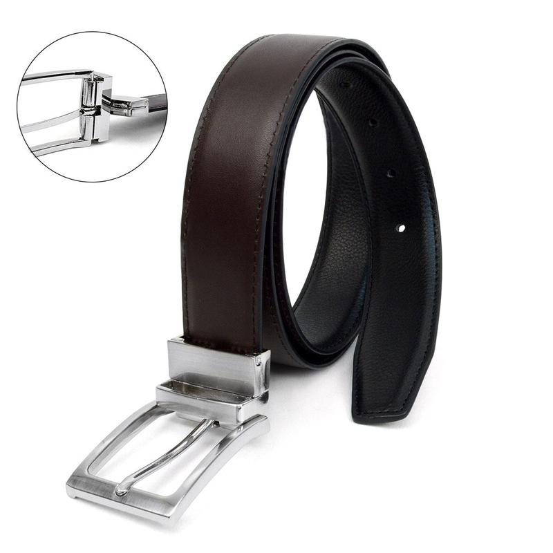 Reversible Genuine Leather Belt with Rotated Buckle