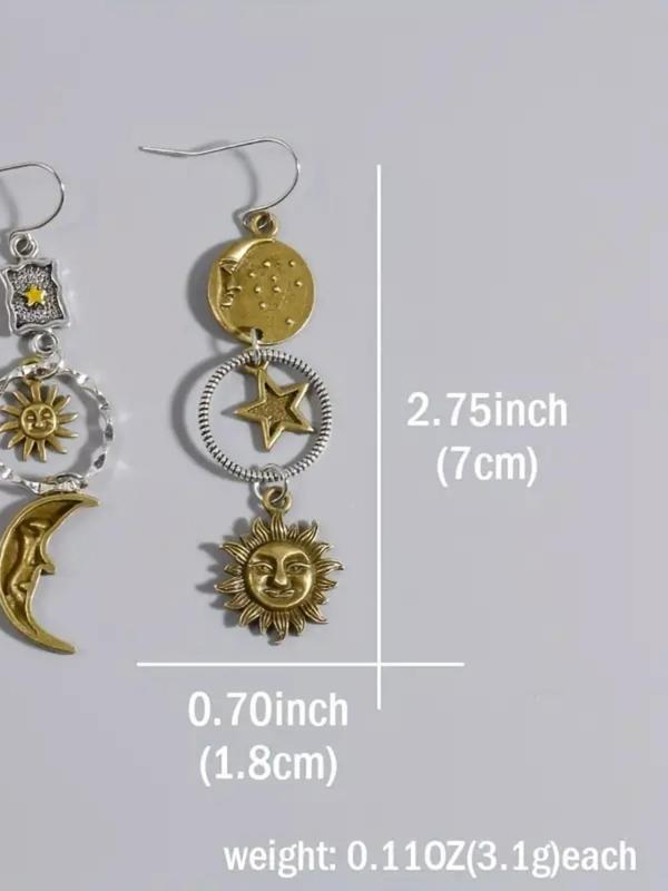 Women's Boho Style Moon & Star Design Dangle Earrings, 2024 Summer Trendy Vintage Trendy Hollow out Design Drop Earrings, Fashionable Matching Mexican Jewelry for Women for Party Decoration