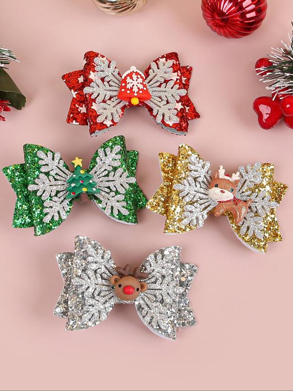 Cute Cartoon Reindeer & Snowflake Design Hair Clips, Colorblock Contrast Sequin Bowknot Decor Hair Clips, Fashionable Hair Accessories for Women & Girls