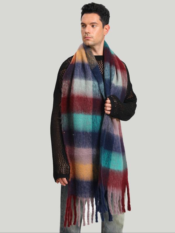 Colorful Plaid Pattern Tassel Decor Scarf, Casual Soft Warm Long Shawl for Fall & Winter, Fashion Accessories for Women & Men