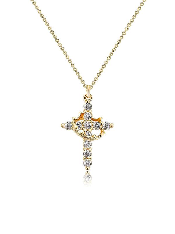 Rhinestone Crown & Cross Pendant Necklace for Women & Men, Fashion Jewelry for Party, Daily Clothing Decor, Trendy All-match & Exquisite Jewelry for Birthday Gift, Fall Outfits, Fall Freshness