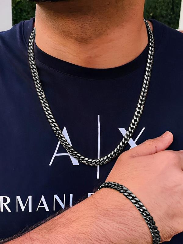 Men's Simple Plain Stainless Steel Chain Necklace & Bracelet, Fashion Jewelry Trendy All-match & Exquisite Jewelry for Birthday Gift