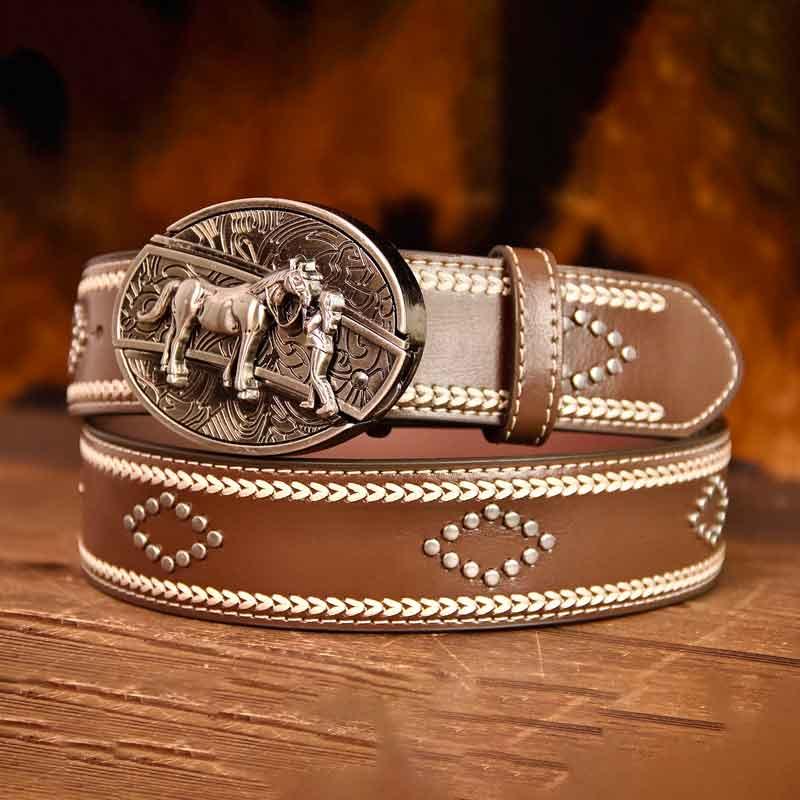 Western Vintage Leather Knitted Line Belt and Oval removable western cowboy Buckle Costume Decoration