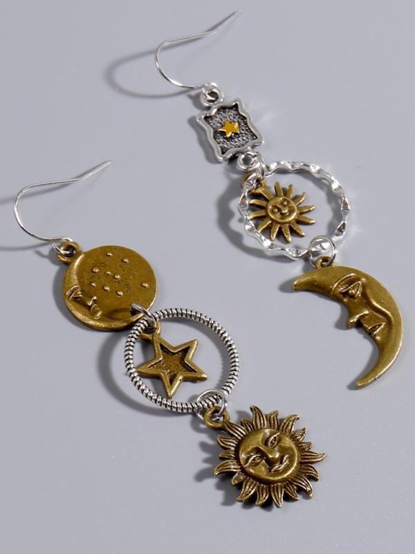 Vintage Asymmetrical Sun & Moon Design Dangle Earrings, Boho Style Jewelry for Women,  2024 New Styleall-match Ear Jewelry for Party, Daily Clothing Decor