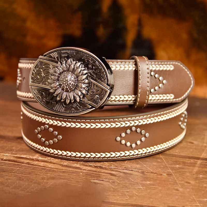 Western Vintage Leather Knitted Line Belt and Oval removable western cowboy Buckle Costume Decoration