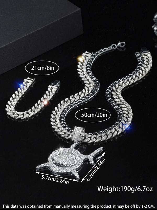 Punk Style Rhinestone Shark Design Pendant Necklace & Bracelet & Cuban Chain Necklace, Exquisite Trendy Jewelry Set for Party, Fashion Accessories for Men & Women