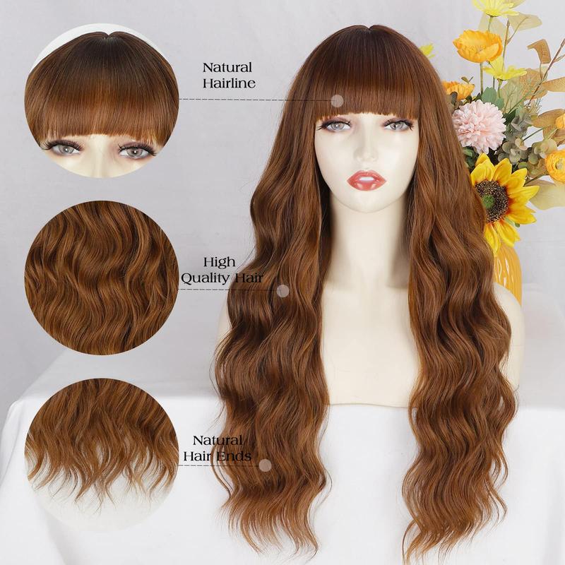 AISI HAIR Auburn Wig with Bangs Long Wavy Ginger Wig Natural Looking Heat Resistant Synthetic Curly Full Wigs for Women Daily Use