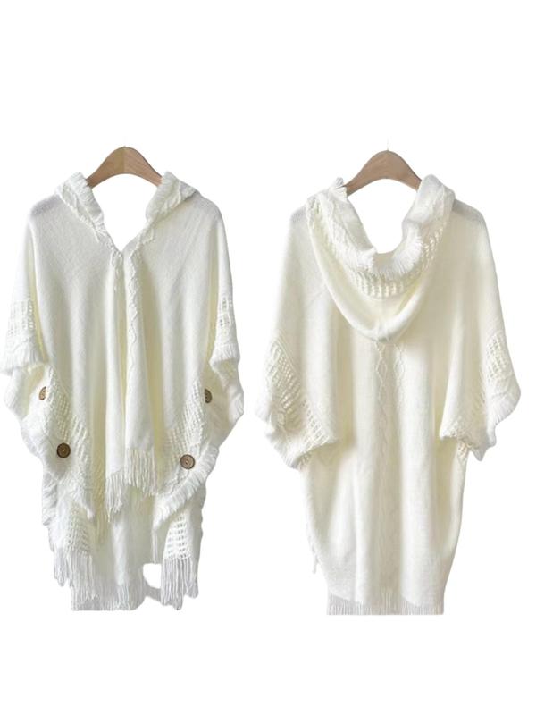 Women's Solid Button & Tassel Trim Cape Shawl, Casual Fashion Knitted Sweater Shawl for Fall & Winter, Women's Clothes Accessories for Daily Wear