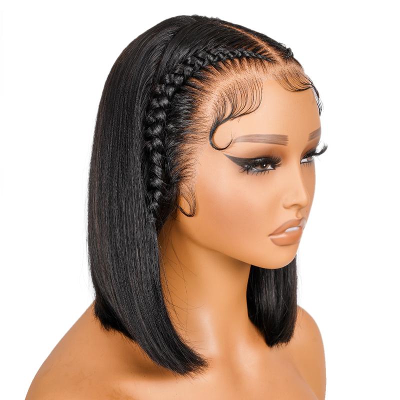 SuperNova 13x4 Braided Lace Front Wig, 100% Human Hair, Pre-Plucked, Glueless, Straight Bob with Baby Hair & Adjustable Straps, 10-12 Inch