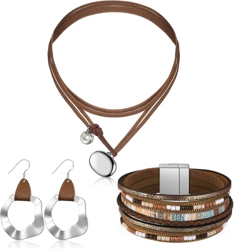 3 count Western  for Women Bohemian Set, Boho Pendant Long Choker, Faux Leather Layered Bracelet, Dangle Earrings