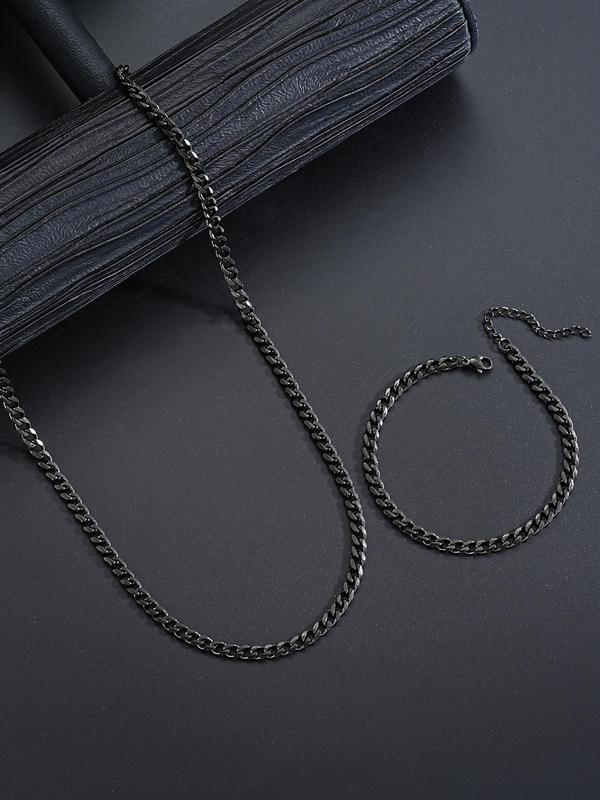 Men's Simple Plain Stainless Steel Chain Necklace & Bracelet, Fashion Jewelry Trendy All-match & Exquisite Jewelry for Birthday Gift