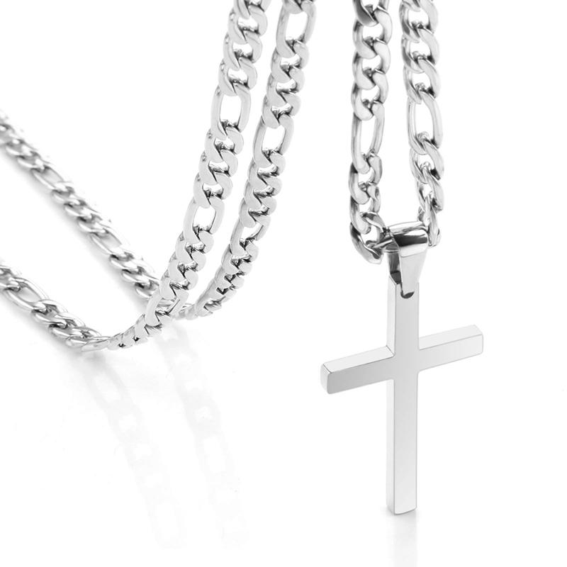 Cross Necklace for Men Stainless Steel Silver Gold Plain Cross Pendant Necklace Simple Jewelry Gifts, 24 Inches 3:1 Figaro Link Chain 6mm Width