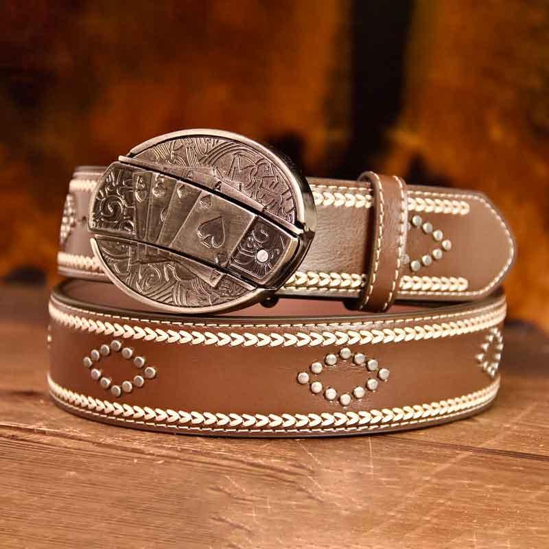 Western Vintage Leather Knitted Line Belt and Oval removable western cowboy Buckle Costume Decoration