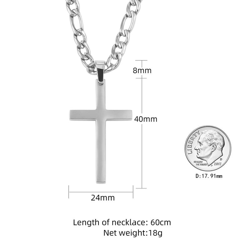 Cross Necklace for Men Stainless Steel Silver Gold Plain Cross Pendant Necklace Simple Jewelry Gifts, 24 Inches 3:1 Figaro Link Chain 6mm Width