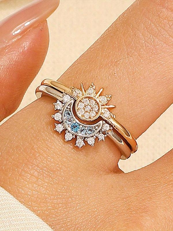 Vintage Sun & Moon Design Rhinestone Decorated Ring (2pcs set), Fashion Accessories for Women & Men, Trendy All-match & Exquisite Jewelry for Birthday Gift