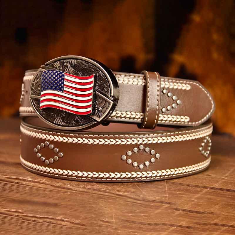 Western Vintage Leather Knitted Line Belt and Oval removable western cowboy Buckle Costume Decoration