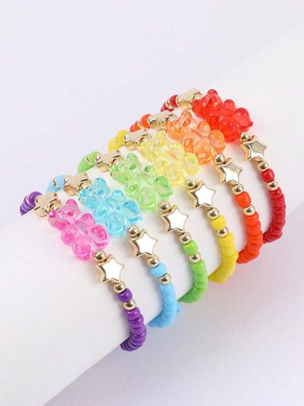 Cute Star & Bear Design Beaded Bracelet (6pcs set), Fashionable Colorful Beaded Bracelet for Women & Girls, Trendy Accessories for Party and Daily Life