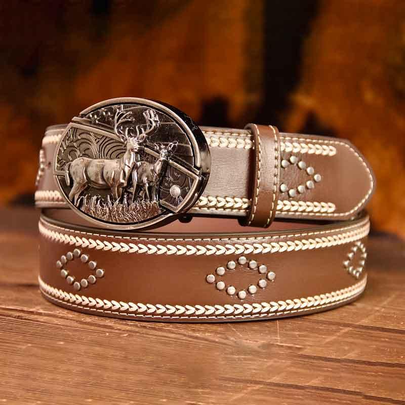 Western Vintage Leather Knitted Line Belt and Oval removable western cowboy Buckle Costume Decoration