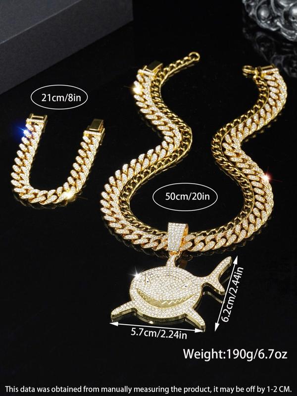 Punk Style Rhinestone Shark Design Pendant Necklace & Bracelet & Cuban Chain Necklace, Exquisite Trendy Jewelry Set for Party, Fashion Accessories for Men & Women