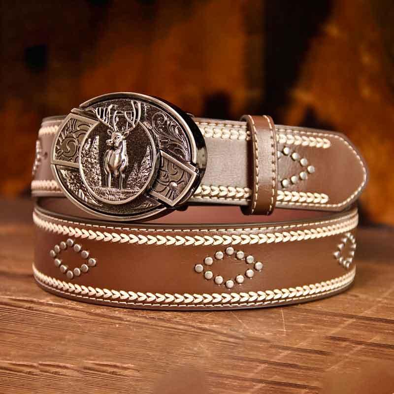 Western Vintage Leather Knitted Line Belt and Oval removable western cowboy Buckle Costume Decoration