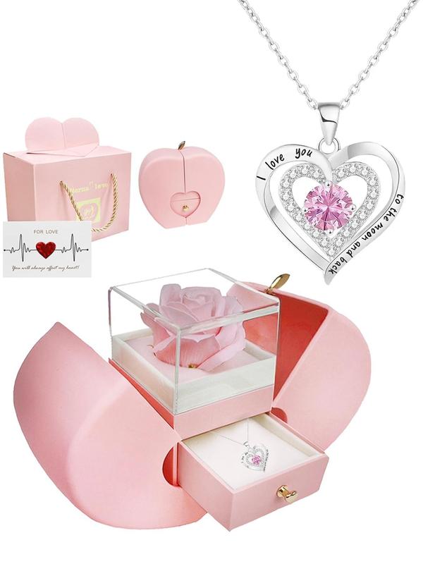 Rhinestone Heart Pendant Necklace with Rose Gift Box, Elegant Jewelry for Party, Daily Clothing Decor, Trendy All-match & Exquisite Jewelry for Birthday Gift